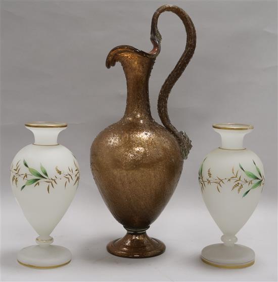 A Venetian ewer and a pair of glass vases, ewer height 35cm